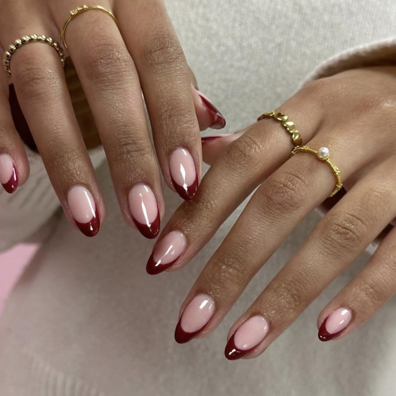 CTTHNBD Press on Nails Almond Medium - Wine Red French Tip Fake Nails - Glossy Full Cover Stick on Nails Press Ons - for Women Manicure 24 Pcs - Image 1
